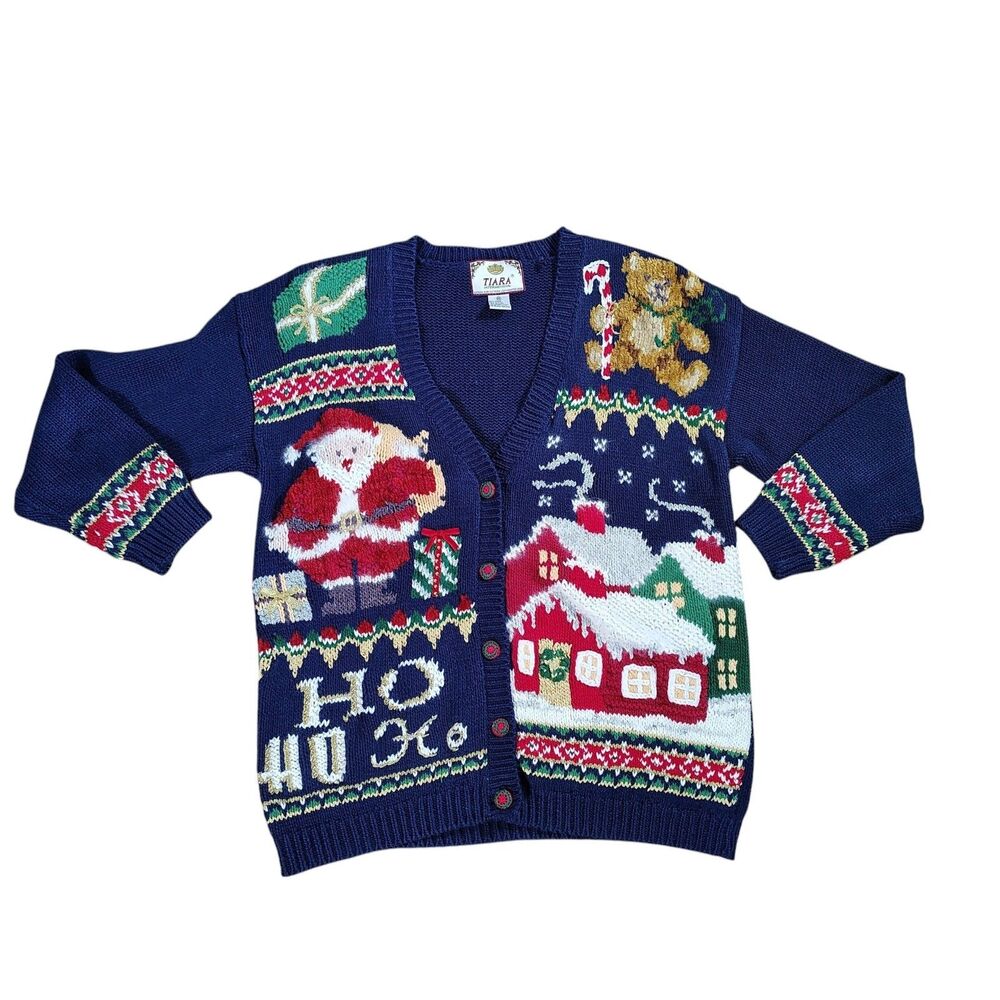 Vintage 1996 Tiara International Christmas Sweater Cardigan M Santa Teddy Bear